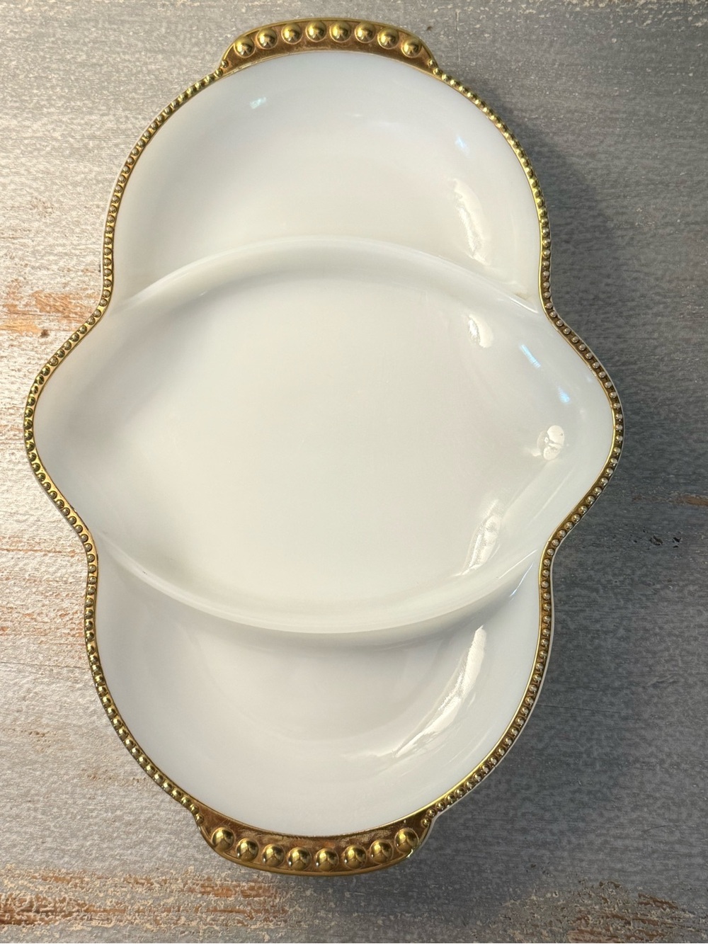 Vintage Fire King White Divided Serving Dish with 24K Gold Trim